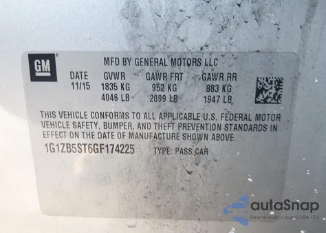 2016 Chevrolet Malibu Ls z USA, uszkodzony, nr VIN 1G1ZB5ST6GF174225